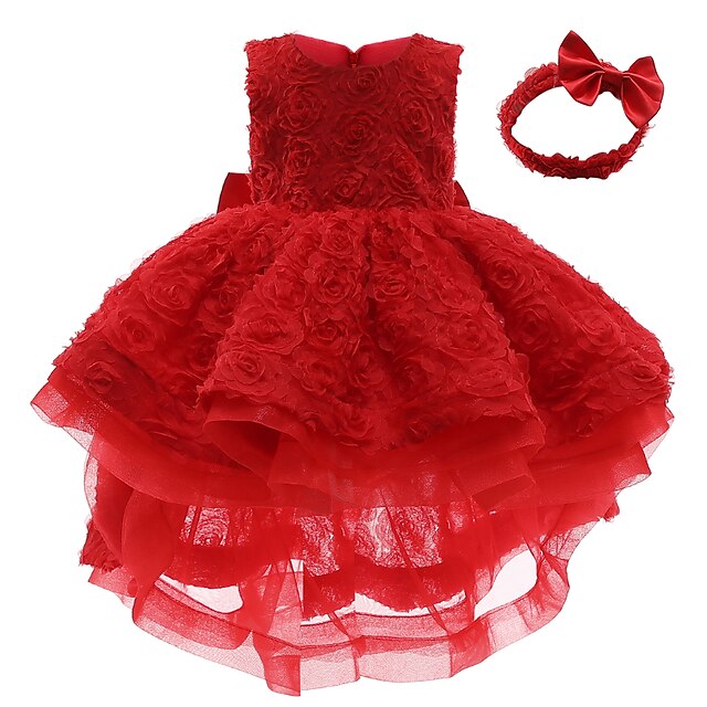  Kids Toddler Little Girls' Dress Solid Colored Lace Red Above Knee Sleeveless Streetwear Sweet Dresses All Seasons