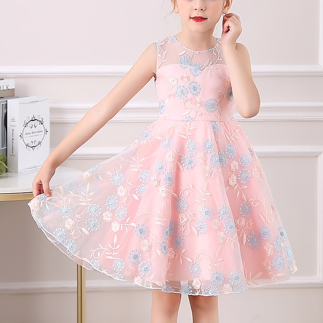  Kids Little Dress Girls' Floral Daily Vacation Embroidered Mesh Pink Yellow Knee-length Sleeveless Princess Cute Dresses Summer Children's Day Regular Fit 4-13 Years