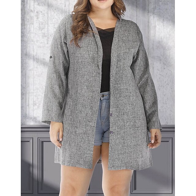  Women's Plus Size Coat Button Plain Work Turndown Long Sleeve Fall & Winter Long Gray XL XXL 3XL 4XL 5XL