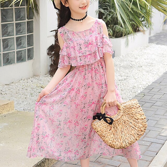  Kids Little Girls' Dress Flower Sundress Holiday Blushing Pink Chiffon Knee-length Sleeveless Sweet Dresses Summer