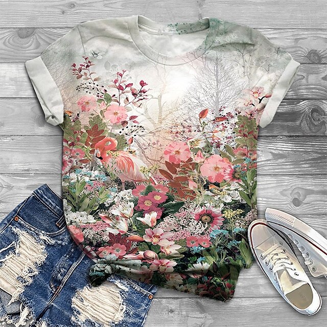  Women's Plus Size Tops T shirt Tee Floral Graphic Short Sleeve Print Charm Basic Casual Preppy Crewneck Cotton Spandex Jersey Daily Practice Fall Spring White / Summer / Slim