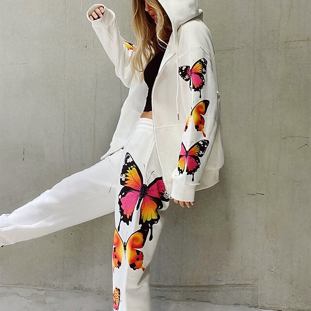  Women's Basic Butterfly Daily Two Piece Set Hooded Pant Sweatshirt Pants Sets Drawstring Print Tops