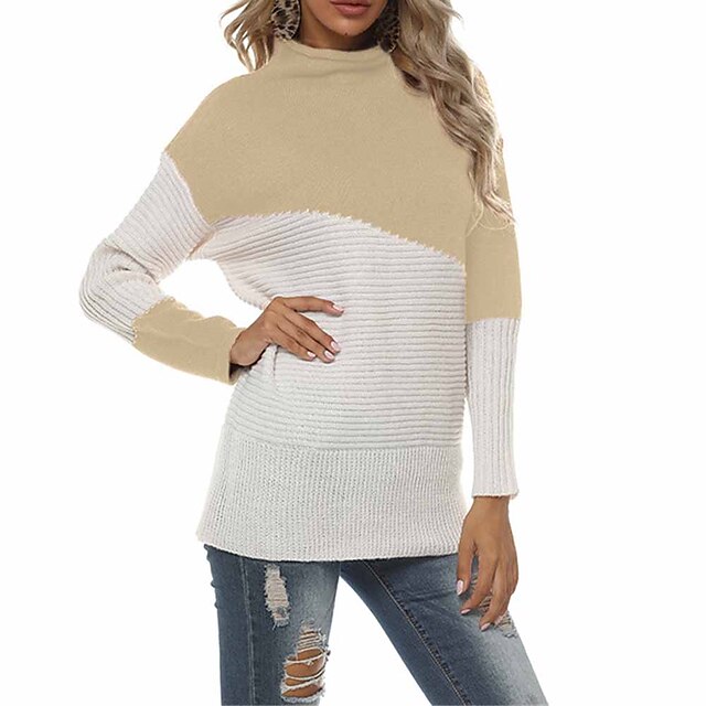  Women's Sweater Color Block Knitted Long Sleeve Regular Fit Sweater Cardigans Fall Turtleneck Khaki Light gray Dark Gray