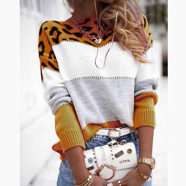  Women's Pullover Sweater Jumper Jumper Knit Thin Crew Neck Leopard Daily Going out Stylish Casual Winter Fall Yellow Pink S M L