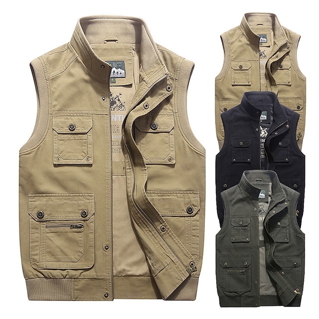  Men's Sleeveless Fishing Vest Hiking Vest Outerwear Trench Coat Top Outdoor Autumn / Fall Spring Windproof Quick Dry Lightweight Breathable ArmyGreen khaki Dark Blue Fishing Climbing Camping / Hiking