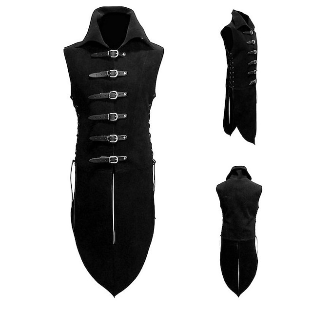  Vintage Gothic Punk & Gothic Vintage Inspired Medieval Masquerade Vest Tuxedo Knee Length Warrior Plague Doctor Viking Men's Buckle Slim Fit Halloween Party Halloween Adults' Vest Spring Fall Winter