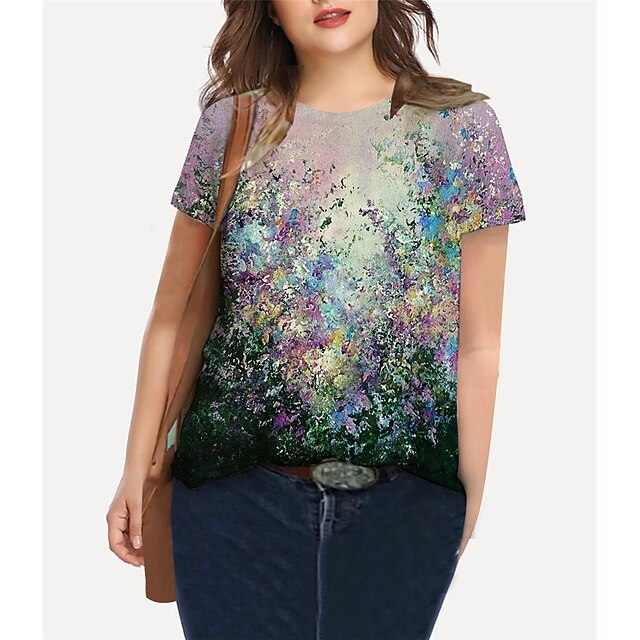 Women's Plus Size Tops T shirt Floral Graphic Print Short Sleeve Crewneck Basic Green Big Size XL XXL 3XL 4XL 5XL / Holiday