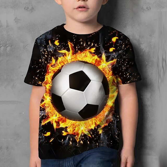  Kinder Jungen T-Shirt Kurzarm 3D-Druck Fußball Druck Schwarz Kinder Oberteile Sommer Aktiv Freizeitskleidung Normale Passform 4-12 Jahre
