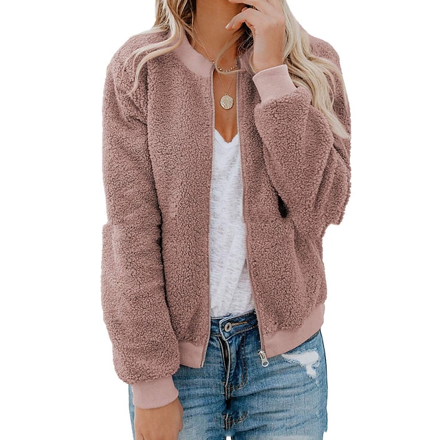  Women's Teddy Coat Spring &  Fall Winter Street Daily Regular Coat Warm Sports Regular Fit Sporty Casual Jacket Long Sleeve Oversized Solid Colored Blushing Pink Wine Army Green / Cotton Blend