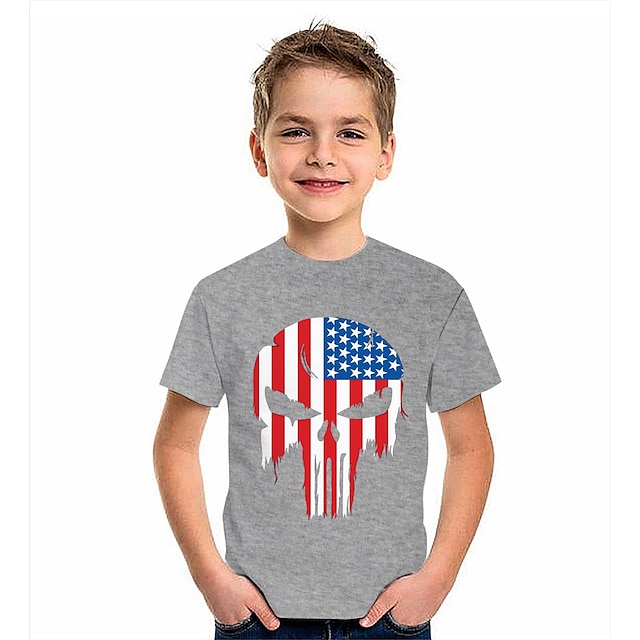  T-shirt Garçon Enfants Manches Courtes drapeau américain 3D effet Graphique Drapeau Imprimé Gris Enfants Hauts Eté Actif Usage quotidien Standard 4-12 ans