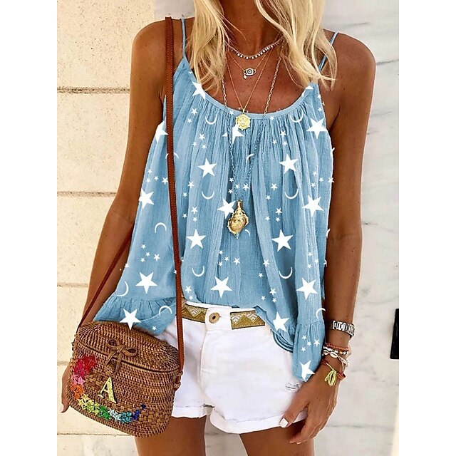  Women's Tank Top Camis Pink Blue Green Star Moon Pleated Holiday Beach Casual Round Neck S