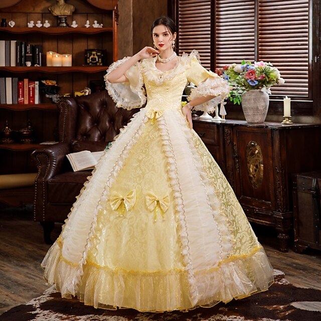  Princess Queen Elizabeth Victorian Maria Antonietta Rococo Baroque 18th Century Square Neck Vacation Dress Dress Outfits Party Costume Masquerade Women's Floral Lace Bow Costume Golden Vintage Cosplay