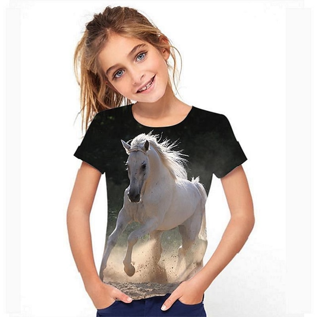  Kids Girls' Summer Rainbow Horse Print T shirt