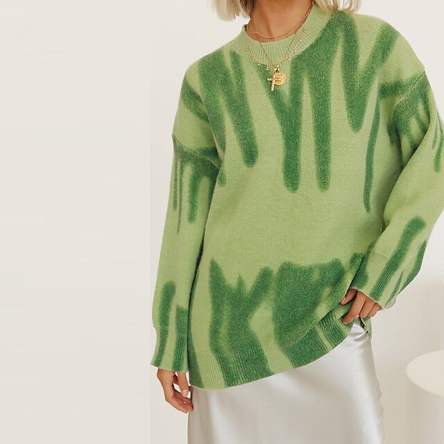  Women's Sweater Pullover Abstract Knitted Print Stylish Casual St. Patrick's Day Long Sleeve Regular Fit Sweater Cardigans Fall Winter Crew Neck Green Blue Purple / Going out