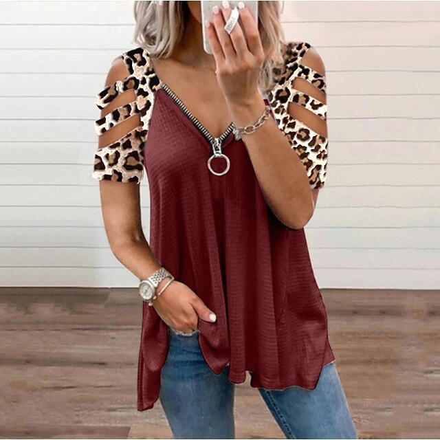  Women's Graphic Patterned Leopard Daily Weekend Short Sleeve Blouse Eyelet top Shirt V Neck Cut Out Zipper Patchwork Basic Essential Streetwear Tops White Blue Gray S / Print