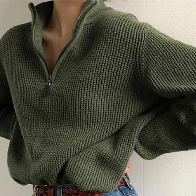  Women's Pullover Sweater Solid Color Zipper Knitted Stylish Long Sleeve Loose Sweater Cardigans Fall Winter Stand Collar Green / Going out