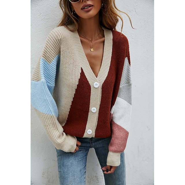  Women's Cardigan Color Block Color Block Knitted Stylish Casual Long Sleeve Sweater Cardigans Fall Winter Spring V Neck Blushing Pink Apricot / Loose