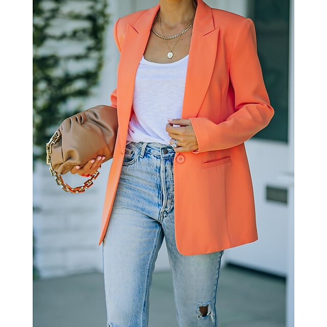  Women's Blazer Fall Spring Business Work Regular Coat Workout Fashion Regular Fit Elegant Casual St. Patrick's Day Jacket Long Sleeve Pocket Button Solid Color Green Pink Orange