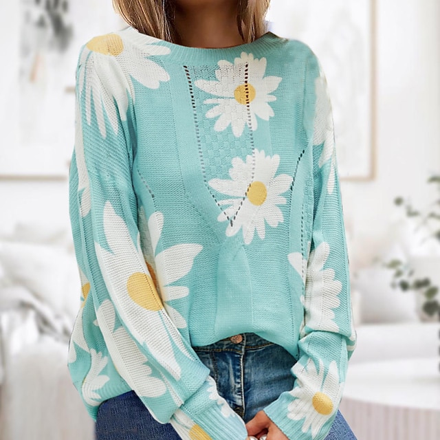  Women's Sweater Co-ords Pullover Sweater Jumper Pullover Round Neck Knit Polyester Flower Fall Winter Causal Daily Casual Long Sleeve Daisy Green Light Grey Dark Gray S M L