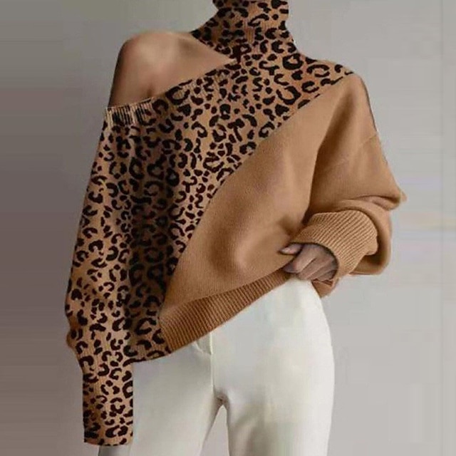  Mulheres Pulôver Suéter Côr Sólida Leopardo Tricotado Estiloso Manga Longa Casacos de malha Outono Gola Alta Azul Preto Marron / Para Noite