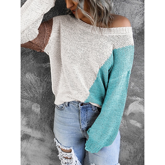  Women's Pullover Sweater Color Block Knitted Cotton Stylish Casual Long Sleeve Loose Sweater Cardigans Fall Winter Round Neck Black+White Pink+Orange White+Blue / Holiday / Work