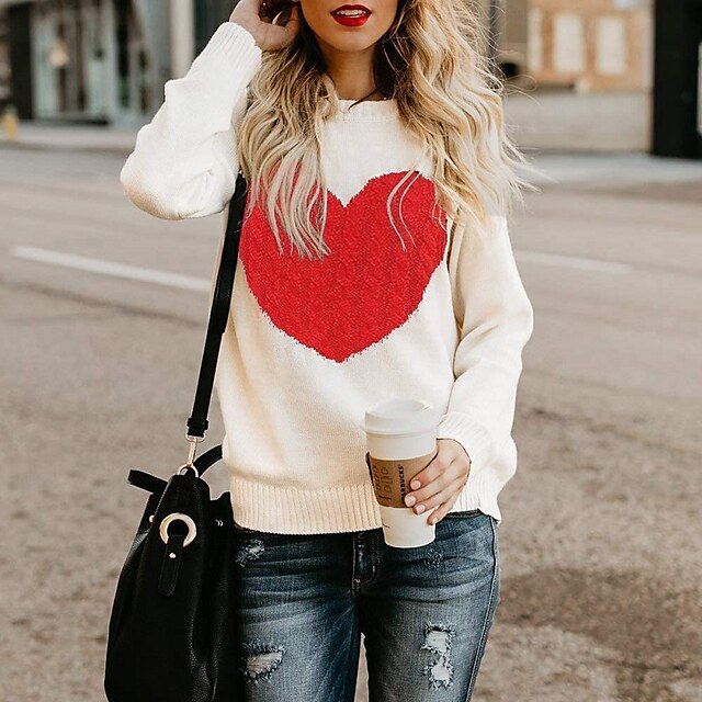  Women's Pullover Sweater Jumper Knit Knitted Print Crew Neck Geometric Daily Holiday Basic Stylish Winter Fall Black Pink S M L / Long Sleeve / Heart / Casual / Regular Fit / Going out