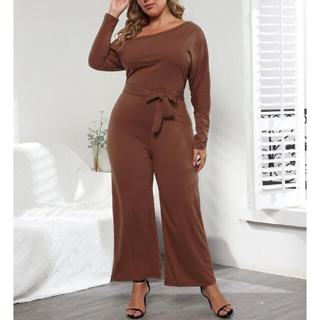  Women's Plus Size Jumpsuit Bow Long Sleeve Solid Colored Fall Summer Basic Brown L XL 2XL 3XL 4XL / One Shoulder