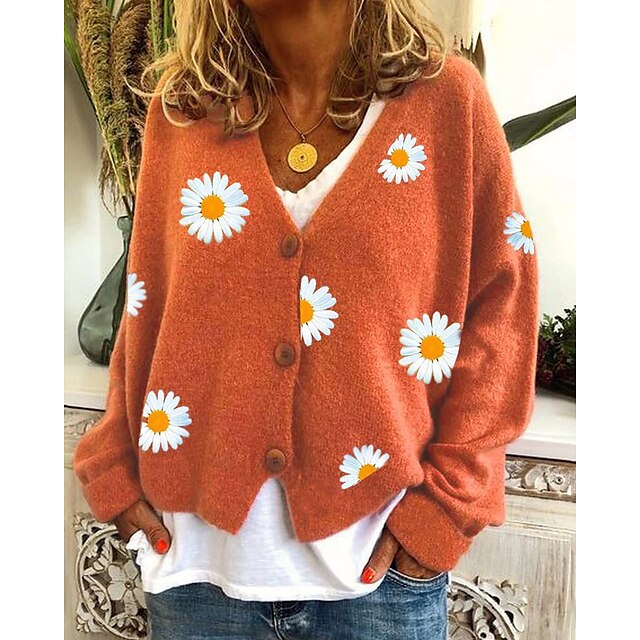  Women's Cardigan Sweater V Neck Knit Woolen Button Drop Shoulder Fall Winter Halloween Holiday Going out Stylish Long Sleeve Floral Black Yellow Blue S M L