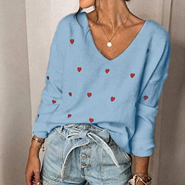  Women's Sweater Pullover LOVE Casual Long Sleeve Sweater Cardigans V Neck Blue White Black