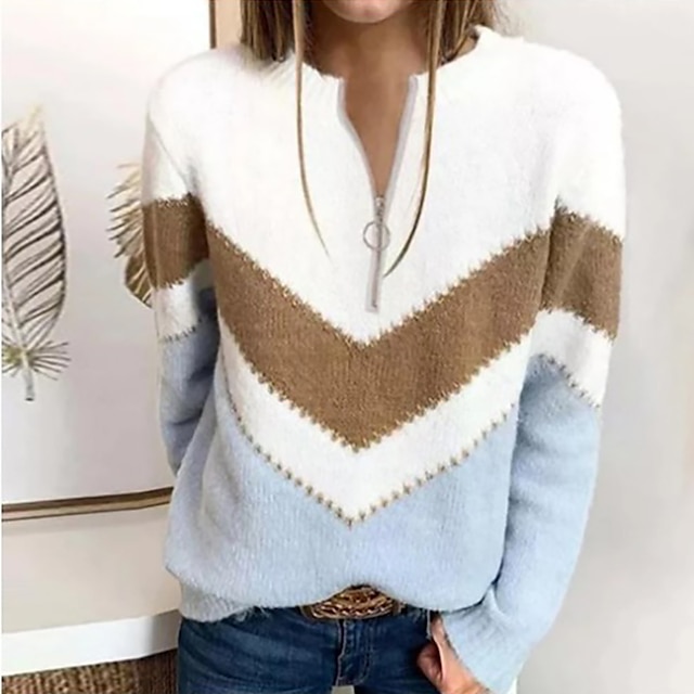  Women's Sweater Jumper Knit Knitted Geometric Half Zip Stylish Daily Wear Drop Shoulder Spring Fall Blue S M L