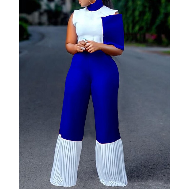  Women's Plus Size Jumpsuit Ruched Pleated Color Block Modern Style Fall Spring Blue Purple Red L XL XXL XXXL / Holiday