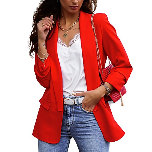 Women's Blazer Patchwork Regular Coat Khaki Red Daily Business Open Front Fall V Neck Regular Fit S M L XL XXL 3XL / Breathable / Solid Color