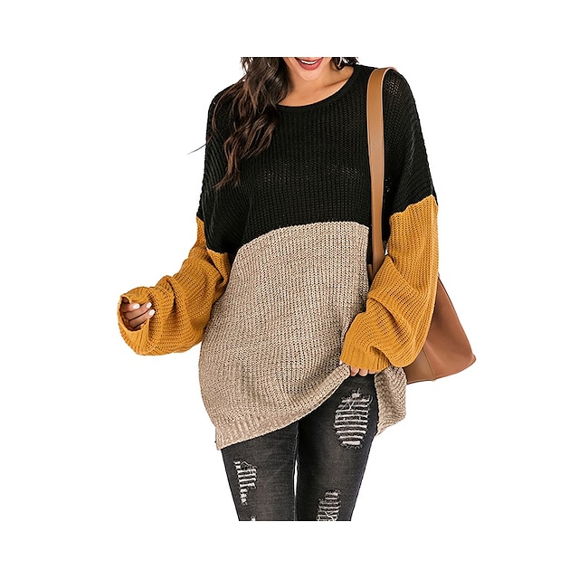  Women's Pullover Color Block Pearl Check Pattern Elegant Long Sleeve Sweater Cardigans Winter Crew Neck Wine Black Royal Blue / Dry flat / Stretchy