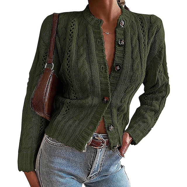 Women's Cardigan Sweater Jumper Cable Knit Hollow Out Knitted Cropped Round Neck Solid Color Daily Holiday Elegant Casual Fall Winter Black Army Green S M L / Long Sleeve / Chunky / Open Front
