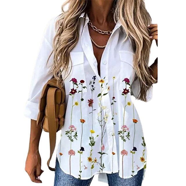  Damen Bluse Hemd Tunika Weiß Tasche Graphic Blumen Casual Täglich Langarm Hemdkragen Basic Vintage Elegant Blume S