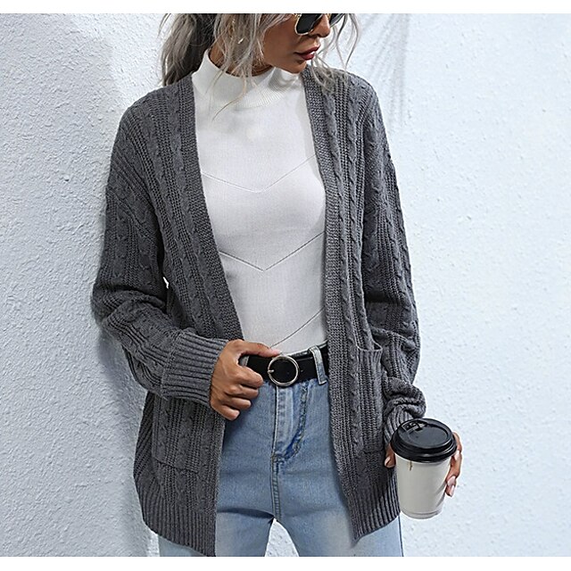  Women's Cardigan Solid Color Braided Stylish Long Sleeve Sweater Cardigans Fall Winter V Neck Dark Gray