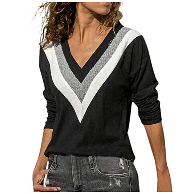  Women's Pullover Sweater Stripes Casual Long Sleeve Regular Fit Sweater Cardigans Spring Summer V Neck Blue Green Black