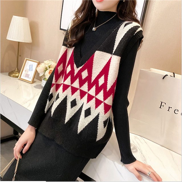  Women's Vest Geometic Classic Style Casual Sleeveless Sweater Cardigans Fall Winter V Neck Orange Red