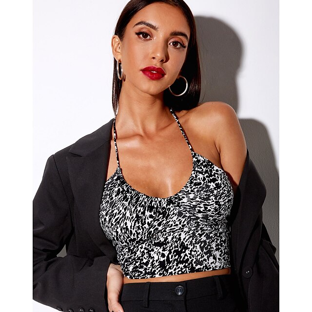  Women's Beach Tank Top Vest Leopard Halter Neck Print Basic Streetwear Tops Black