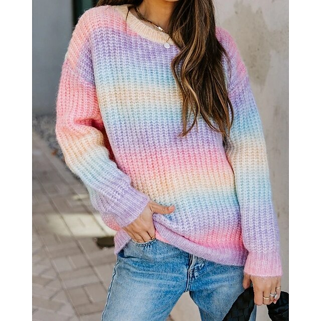  Women's Pullover Sweater Jumper Pullover Jumper Crew Neck Chunky Knit Nylon Acrylic Knitted Drop Shoulder Fall Winter Daily Holiday Going out Stylish Casual Long Sleeve Color Block Rainbow Purple