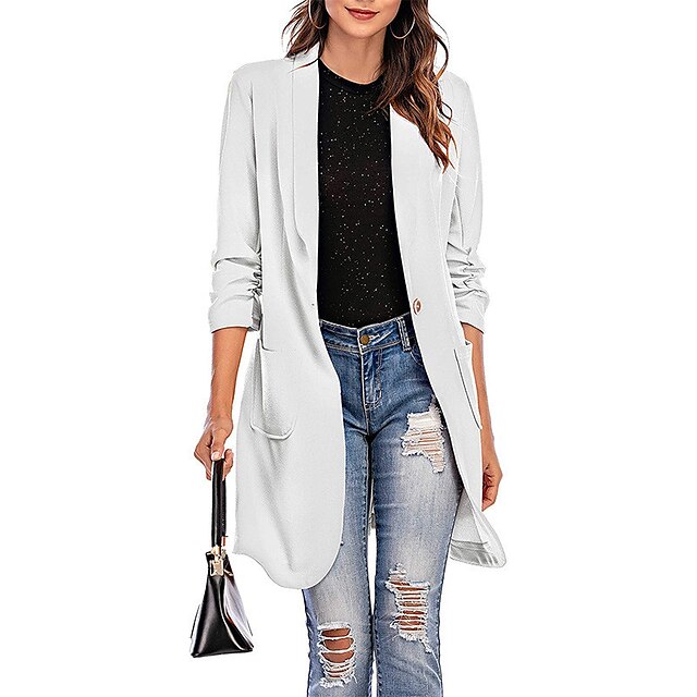  Women's Blazer Casual Jacket Spring Fall Work Daily Long Coat Breathable Lightweight Regular Fit Sporty Casual Jacket 3/4 Length Sleeve Solid Color Black White Yellow