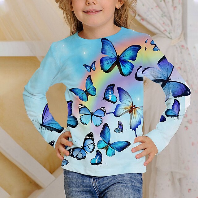  Camiseta de manga larga con estampado 3d de mariposa arcoíris para niños y niñas, tops azules claros para niños, ajuste regular activo de otoño de 4 a 12 años
