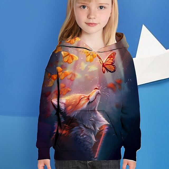  Kids Girls' Hoodie Long Sleeve Butterfly Animal 3D Print Dusty Blue Children Tops Active Fall Regular Fit 4-12 Years