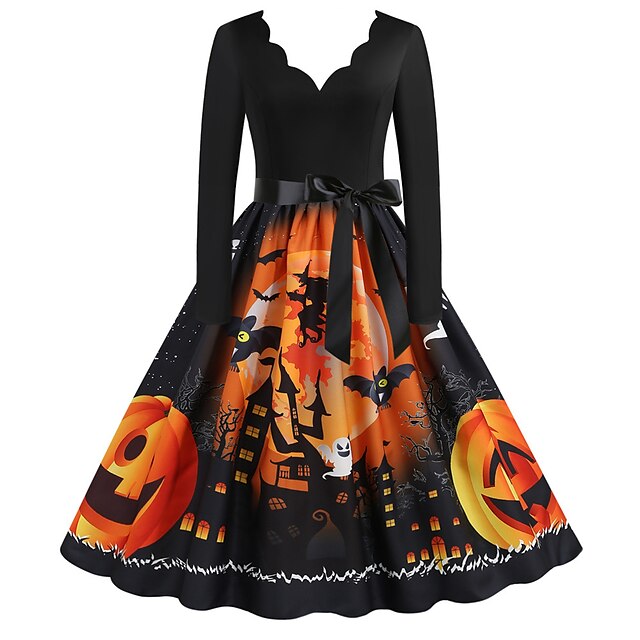  Vestido de abóbora vestido de balanço adulto feminino vintage festa/festival de noite dia das bruxas ano novo fantasias fáceis de halloween