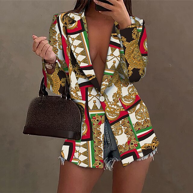  Women's Blazer Print Long Coat Black Gold Street Casual Single Breasted One-button Fall Turndown Regular Fit S M L XL / Daily / Warm / Breathable / Color Block / Symbol