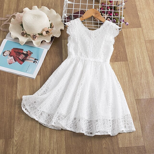  Kids Girls' Lace Dress Solid Color Trims Print White Knee-length Sleeveless Active Dresses Summer Regular Fit 3-7 Years