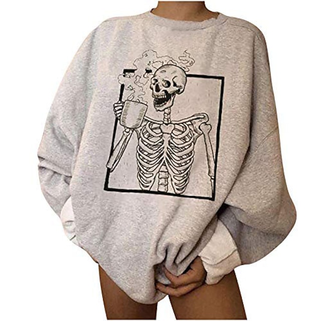  skeleton halloween sweatshirts for women funny coffee drinking skull cute pullover oversized lightweight tops