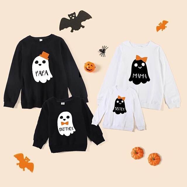  Family Look Halloween Cotton Tops Sweatshirt Athleisure Cartoon Ghost Letter Print Multicolor Long Sleeve Basic Matching Outfits / Fall / Spring / Cute