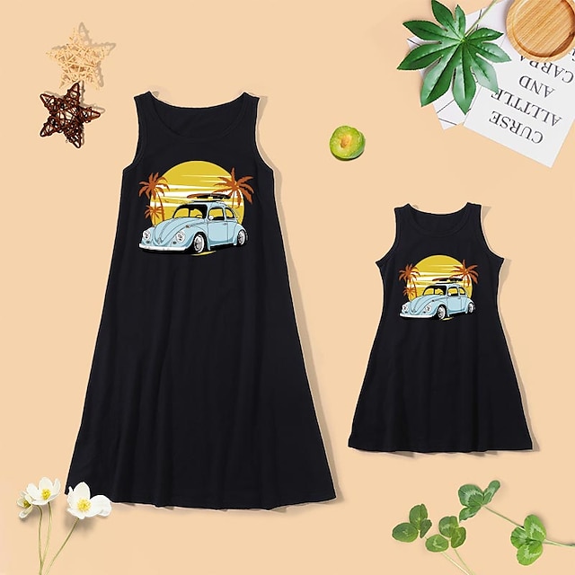 Mommy and Me Cotton Dresses Daily Car Print Black Knee-length Sleeveless Tank Dress Cute Matching Outfits / Summer / Long