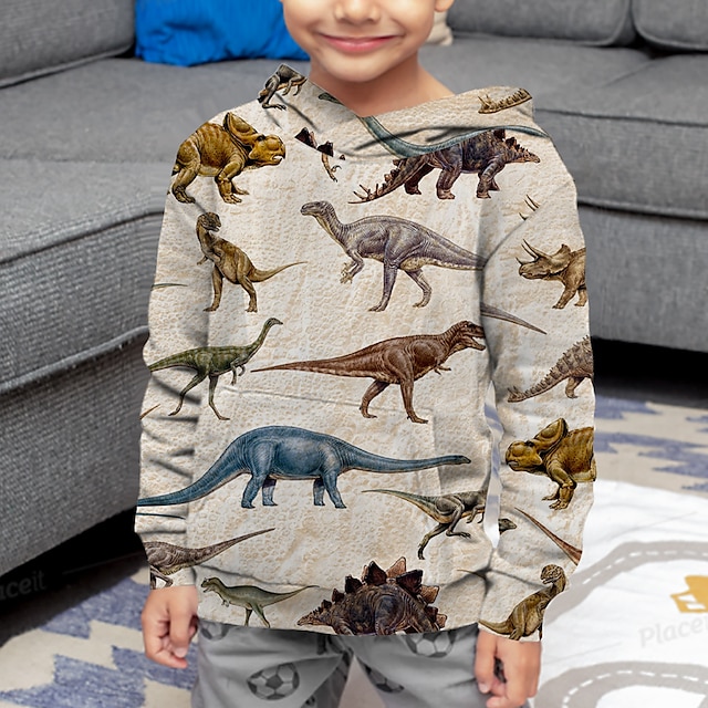  Børn Drenge Hattetrøje Langærmet 3D-udskrivning Dinosaurus Beige Børn Toppe Efterår Aktiv Regulær 4-12 år